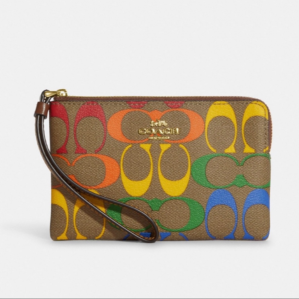 Corner Zip Wristlet In Rainbow Signature Canvas.